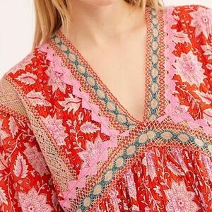Free People Red Pink Floral Boho Moon Child Maxi Top Mini Dress XS